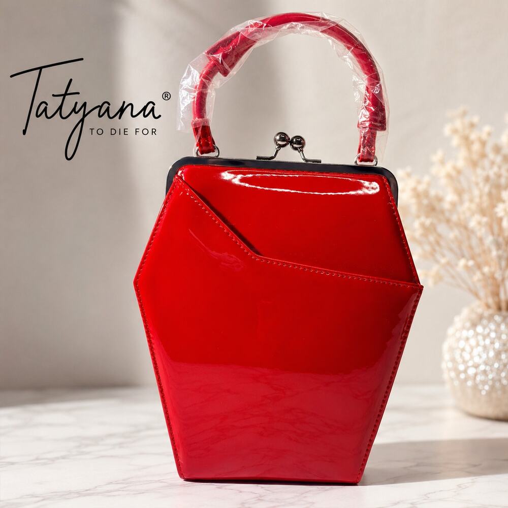 Tatyana To Die For Coffin Purse Red Patent Handbag Leopard Lining Kiss Lock